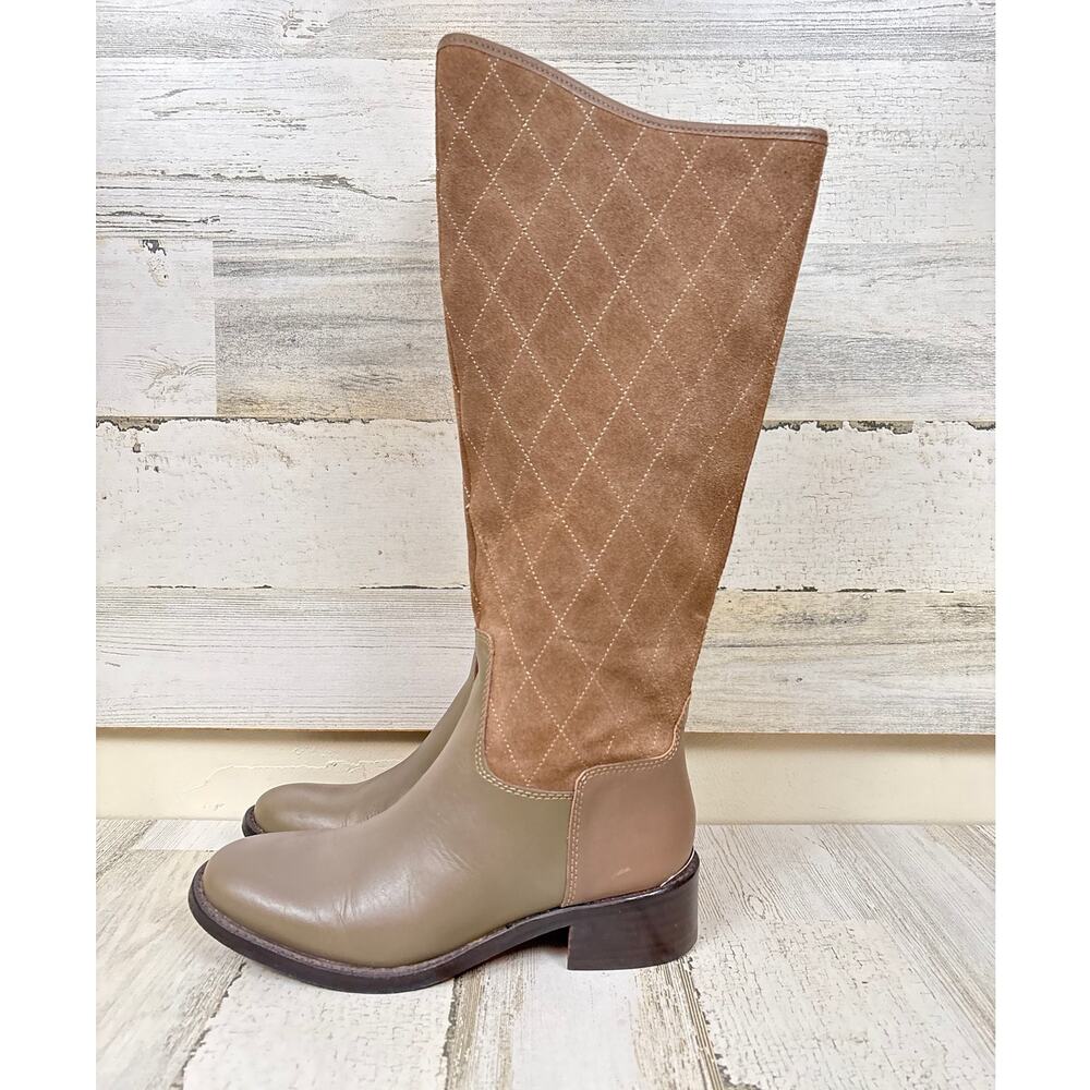 Donald Pliner Womens 5.5 Zena Taupe Gray Quilted Suede Tall Riding Boots Luxe